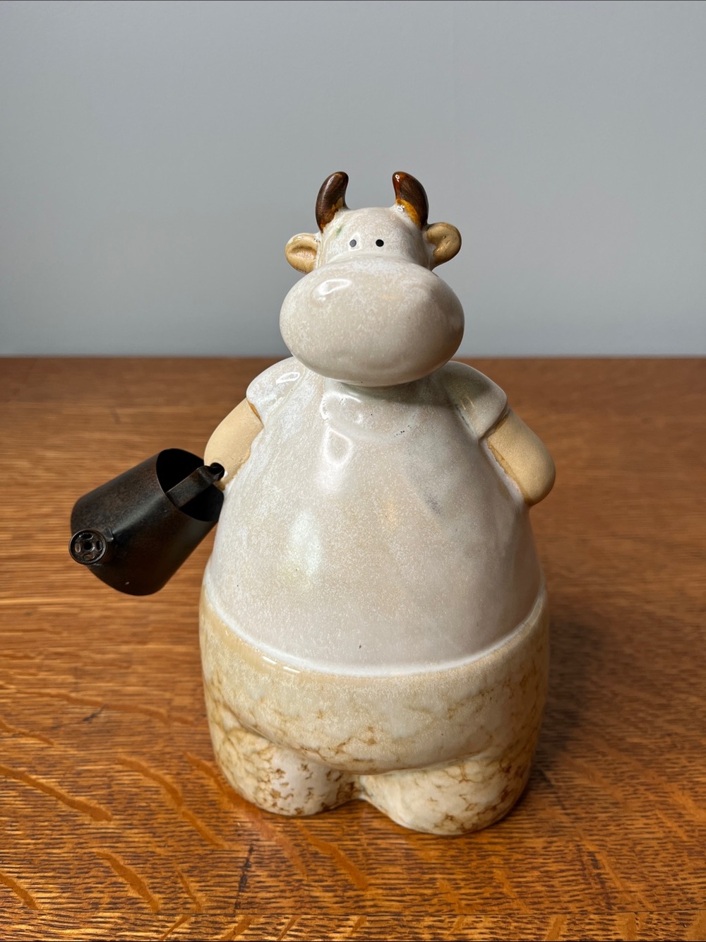 Ceramic Cow Figurine holding Watering Can – Rustic Country Decor Cream and Brown